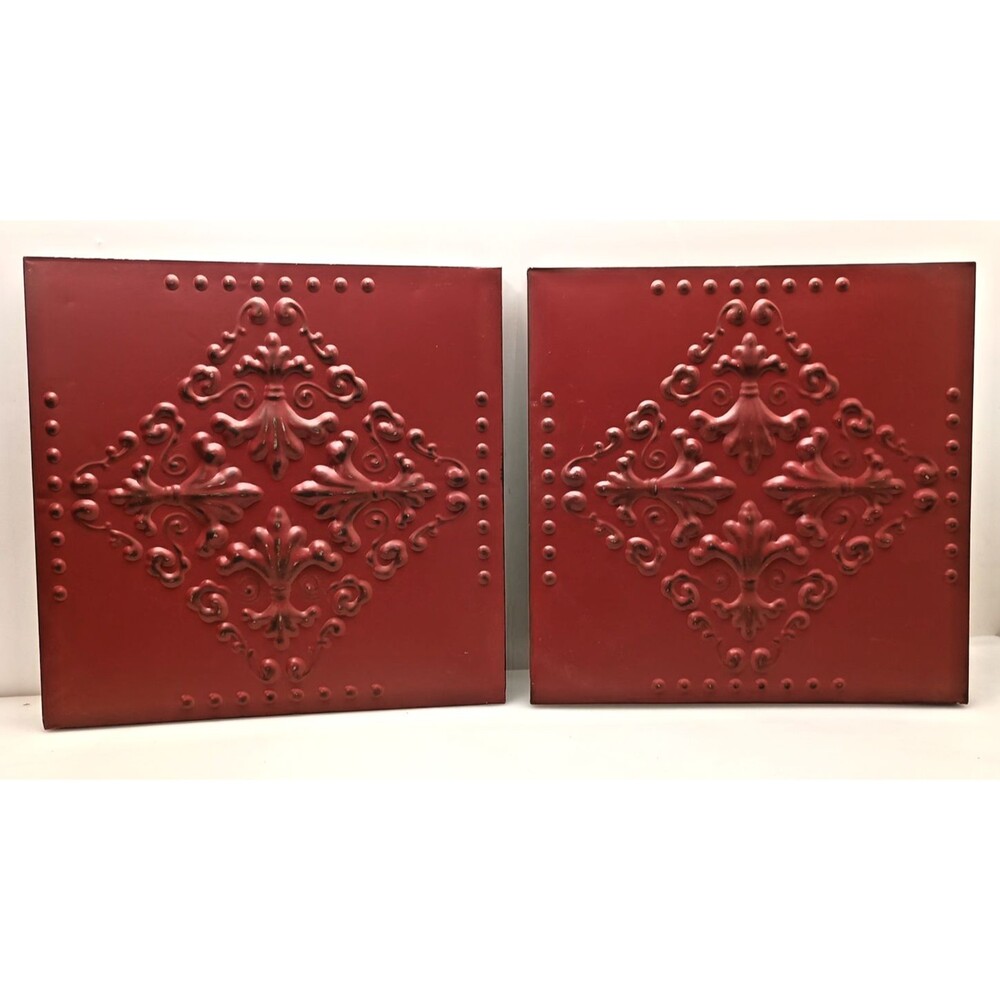 2pc Red Metal Wall Art Plaque Set Embossed Floral Medallion Hanging Decor